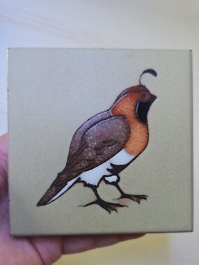 Ceramic Bird Quail Art Tile in Brown and Tan, Artist Cleo Teissedre